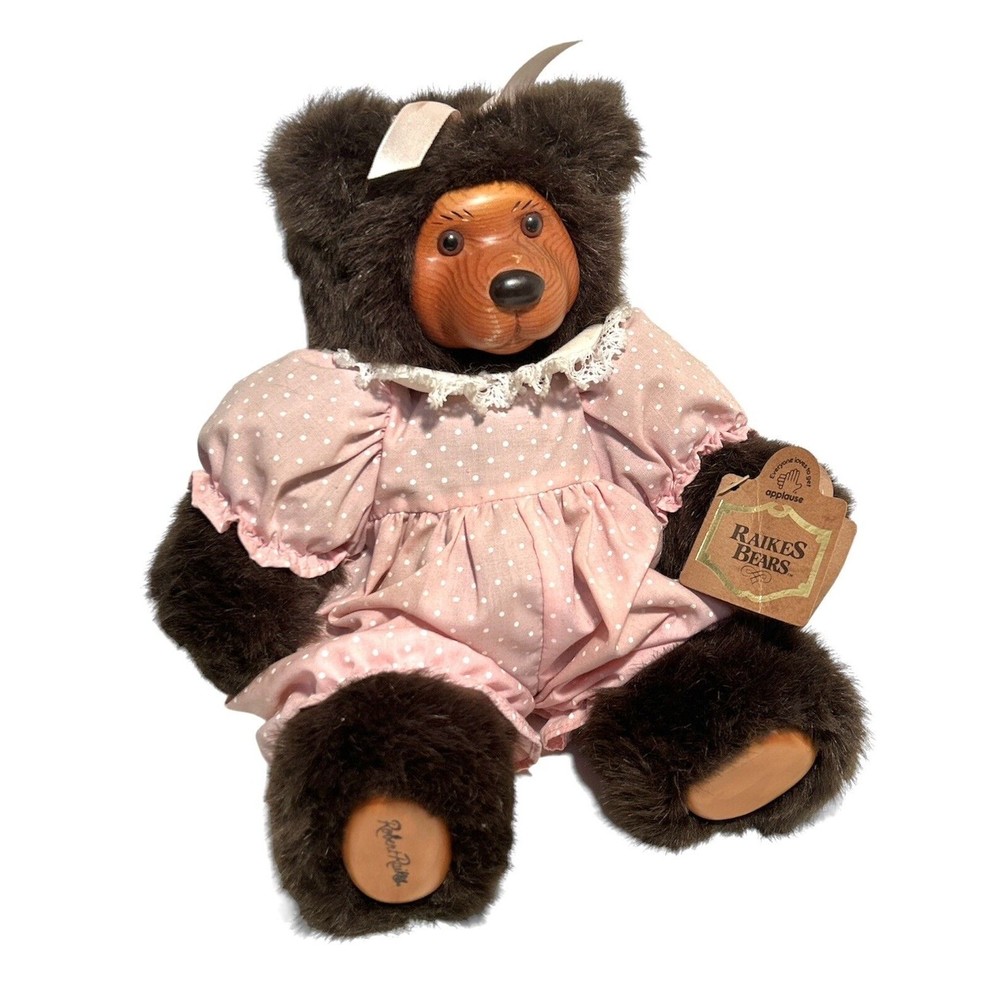 1989 Raikes Vintage Teddy Bear Wood Carved Playtime Cookie 11.5" Pink White